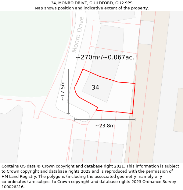 34, MONRO DRIVE, GUILDFORD, GU2 9PS: Plot and title map