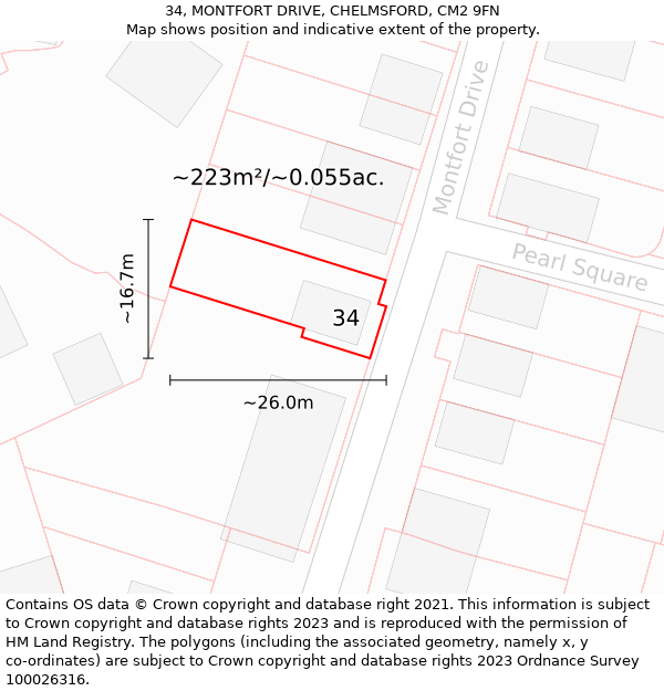 34, MONTFORT DRIVE, CHELMSFORD, CM2 9FN: Plot and title map