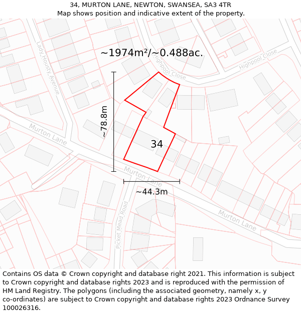 34, MURTON LANE, NEWTON, SWANSEA, SA3 4TR: Plot and title map