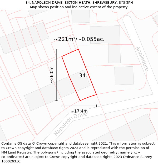 34, NAPOLEON DRIVE, BICTON HEATH, SHREWSBURY, SY3 5PH: Plot and title map