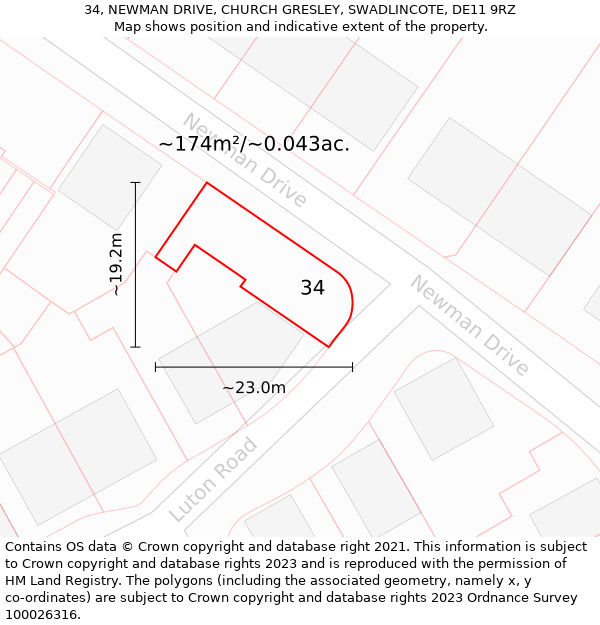 34, NEWMAN DRIVE, CHURCH GRESLEY, SWADLINCOTE, DE11 9RZ: Plot and title map