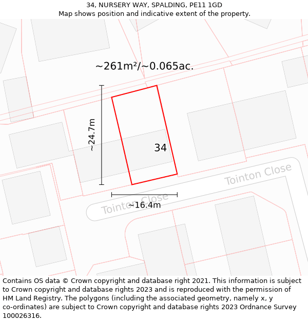 34, NURSERY WAY, SPALDING, PE11 1GD: Plot and title map