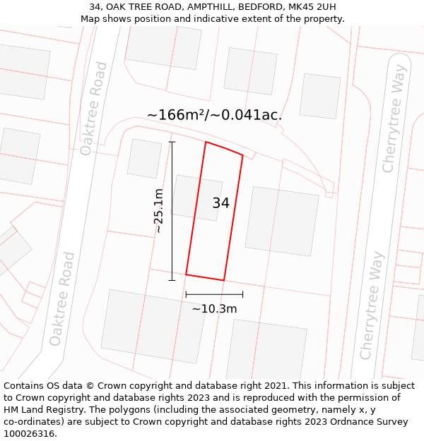 34, OAK TREE ROAD, AMPTHILL, BEDFORD, MK45 2UH: Plot and title map