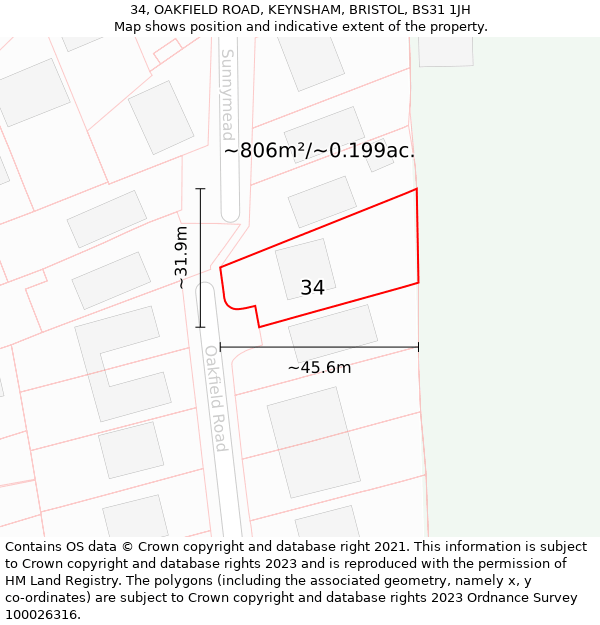 34, OAKFIELD ROAD, KEYNSHAM, BRISTOL, BS31 1JH: Plot and title map