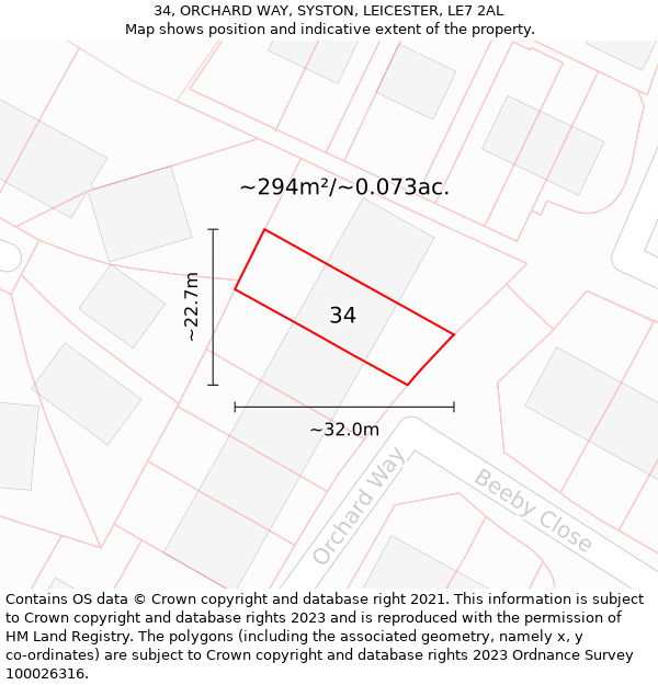 34, ORCHARD WAY, SYSTON, LEICESTER, LE7 2AL: Plot and title map