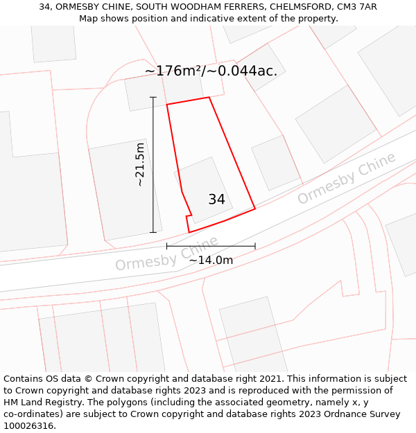 34, ORMESBY CHINE, SOUTH WOODHAM FERRERS, CHELMSFORD, CM3 7AR: Plot and title map