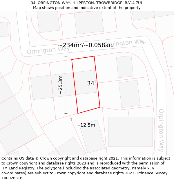 34, ORPINGTON WAY, HILPERTON, TROWBRIDGE, BA14 7UL: Plot and title map