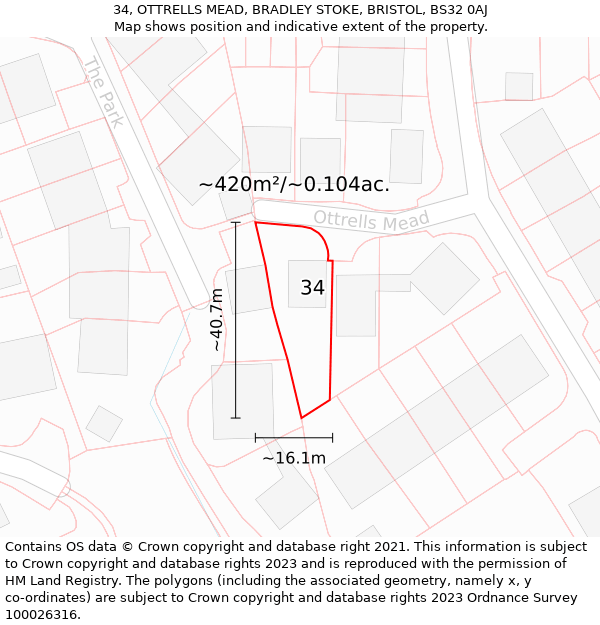 34, OTTRELLS MEAD, BRADLEY STOKE, BRISTOL, BS32 0AJ: Plot and title map