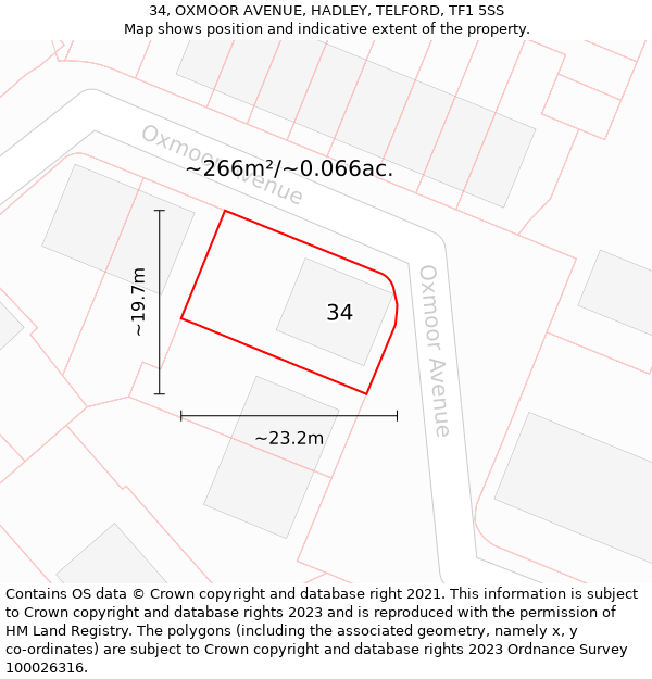 34, OXMOOR AVENUE, HADLEY, TELFORD, TF1 5SS: Plot and title map