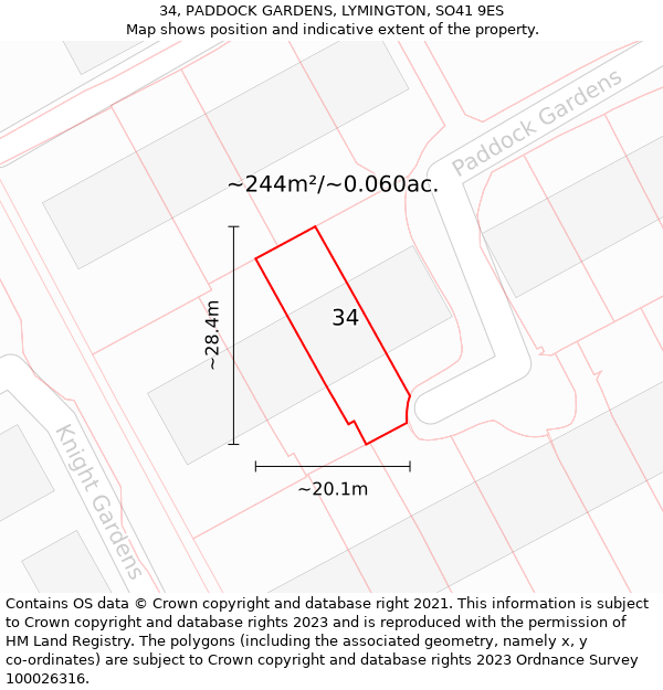 34, PADDOCK GARDENS, LYMINGTON, SO41 9ES: Plot and title map