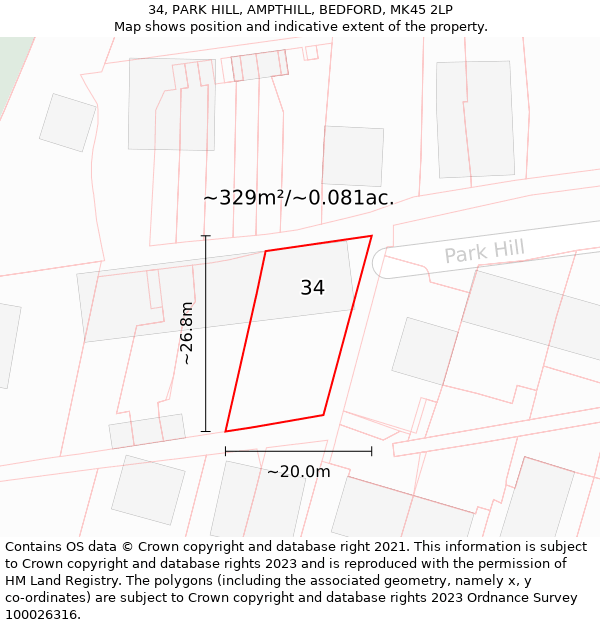 34, PARK HILL, AMPTHILL, BEDFORD, MK45 2LP: Plot and title map