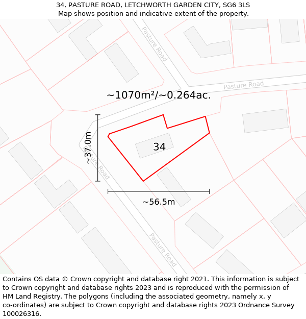 34, PASTURE ROAD, LETCHWORTH GARDEN CITY, SG6 3LS: Plot and title map