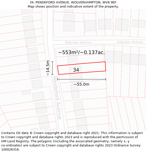 34, PENDEFORD AVENUE, WOLVERHAMPTON, WV6 9EF: Plot and title map