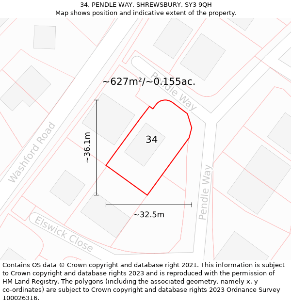 34, PENDLE WAY, SHREWSBURY, SY3 9QH: Plot and title map