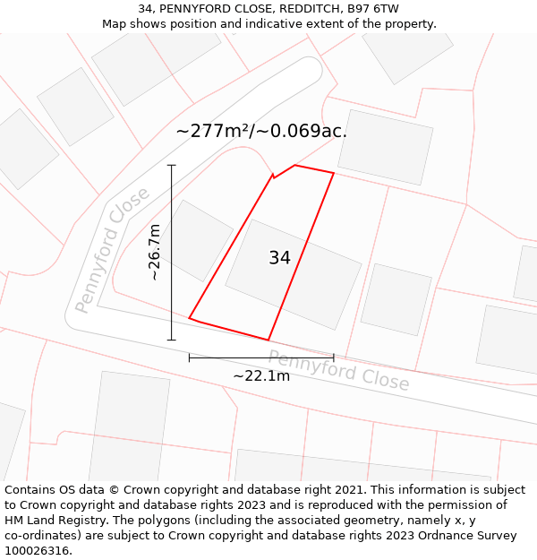 34, PENNYFORD CLOSE, REDDITCH, B97 6TW: Plot and title map