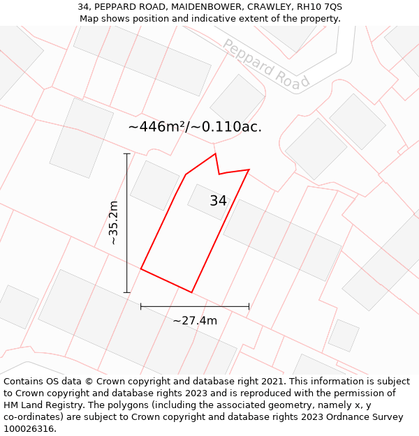 34, PEPPARD ROAD, MAIDENBOWER, CRAWLEY, RH10 7QS: Plot and title map