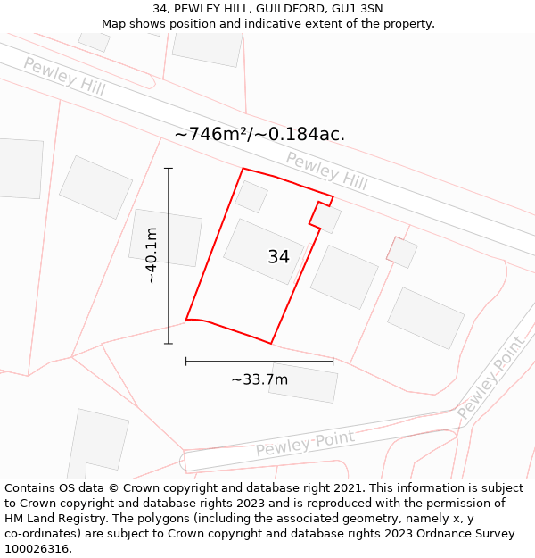 34, PEWLEY HILL, GUILDFORD, GU1 3SN: Plot and title map