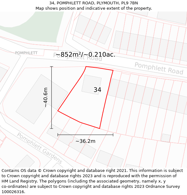34, POMPHLETT ROAD, PLYMOUTH, PL9 7BN: Plot and title map