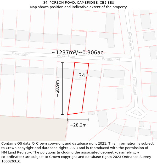 34, PORSON ROAD, CAMBRIDGE, CB2 8EU: Plot and title map