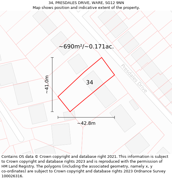 34, PRESDALES DRIVE, WARE, SG12 9NN: Plot and title map