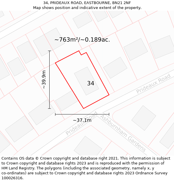 34, PRIDEAUX ROAD, EASTBOURNE, BN21 2NF: Plot and title map