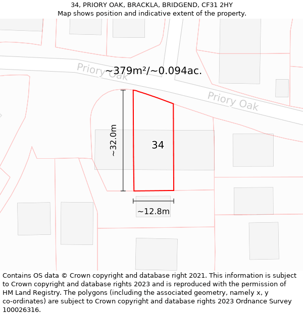 34, PRIORY OAK, BRACKLA, BRIDGEND, CF31 2HY: Plot and title map