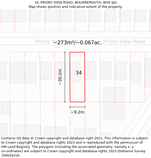 34, PRIORY VIEW ROAD, BOURNEMOUTH, BH9 3JQ: Plot and title map