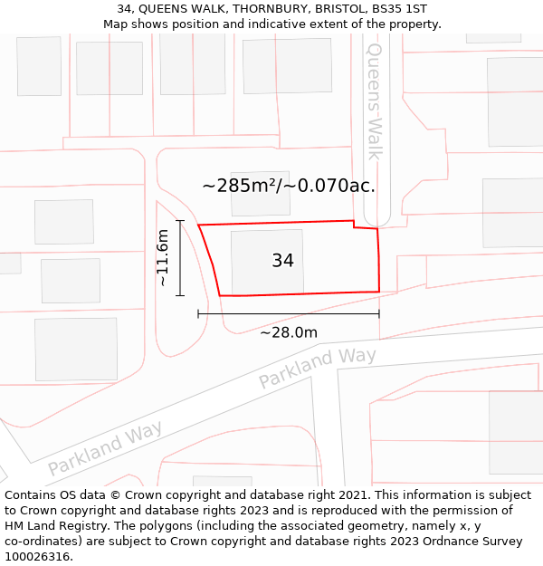 34, QUEENS WALK, THORNBURY, BRISTOL, BS35 1ST: Plot and title map