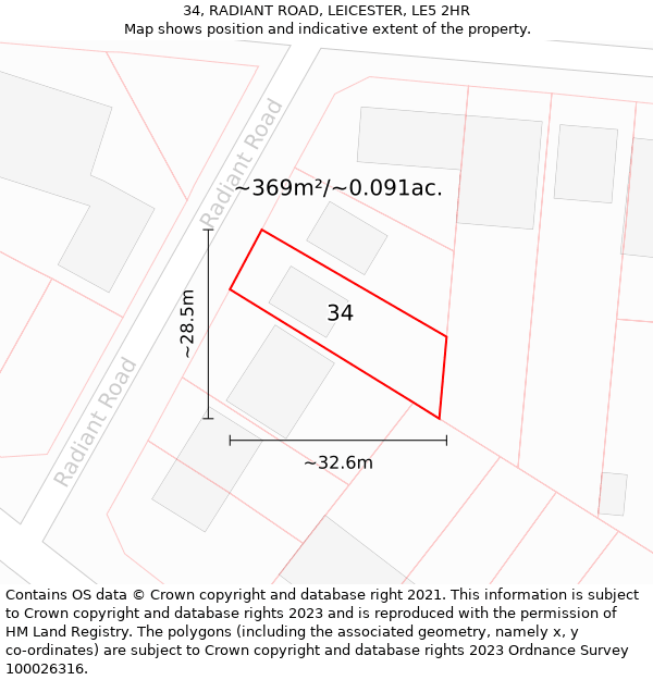 34, RADIANT ROAD, LEICESTER, LE5 2HR: Plot and title map