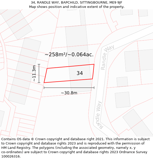 34, RANDLE WAY, BAPCHILD, SITTINGBOURNE, ME9 9JF: Plot and title map