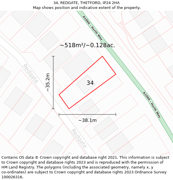 34, REDGATE, THETFORD, IP24 2HA: Plot and title map