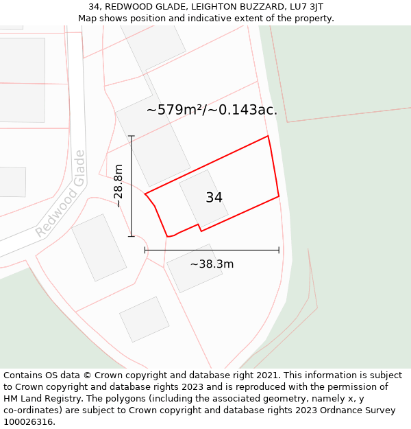 34, REDWOOD GLADE, LEIGHTON BUZZARD, LU7 3JT: Plot and title map