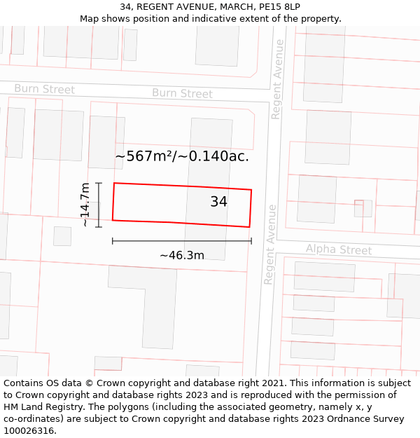 34, REGENT AVENUE, MARCH, PE15 8LP: Plot and title map