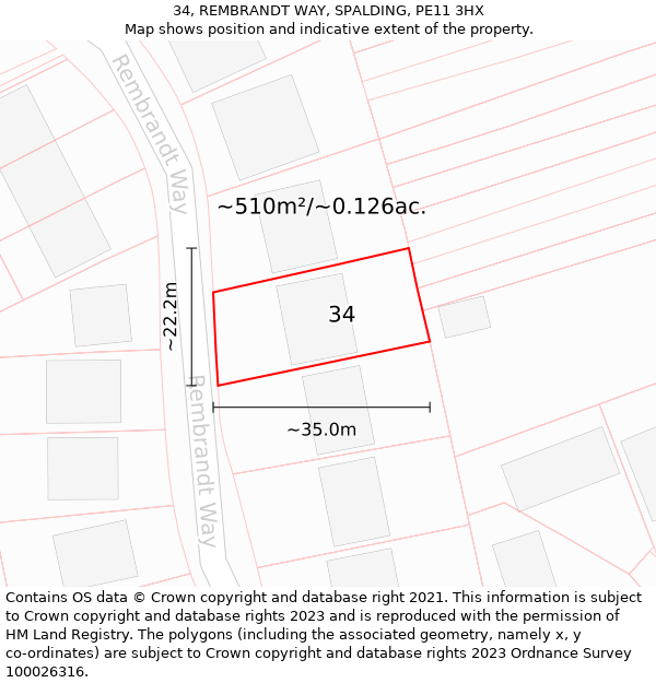 34, REMBRANDT WAY, SPALDING, PE11 3HX: Plot and title map