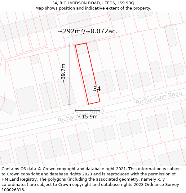 34, RICHARDSON ROAD, LEEDS, LS9 9BQ: Plot and title map