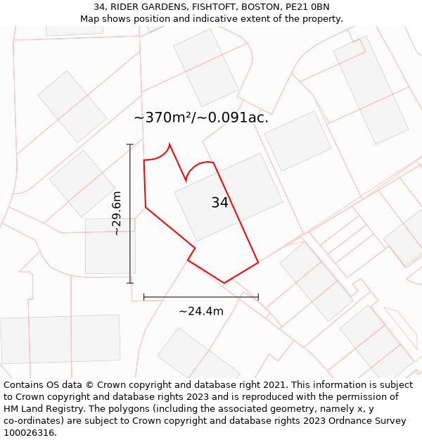 34, RIDER GARDENS, FISHTOFT, BOSTON, PE21 0BN: Plot and title map