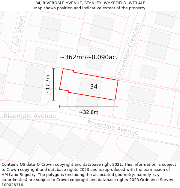 34, RIVERDALE AVENUE, STANLEY, WAKEFIELD, WF3 4LF: Plot and title map