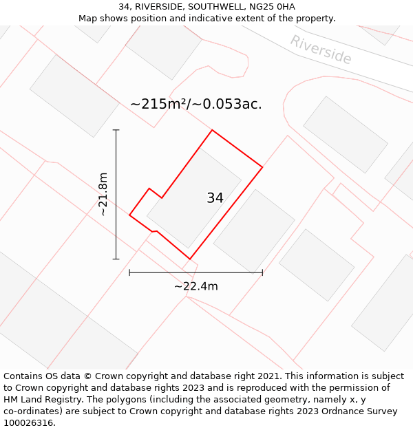 34, RIVERSIDE, SOUTHWELL, NG25 0HA: Plot and title map