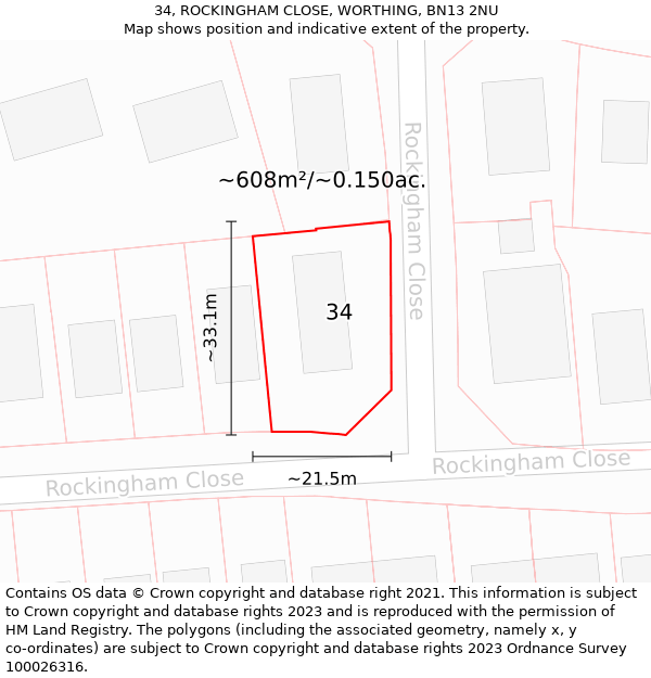 34, ROCKINGHAM CLOSE, WORTHING, BN13 2NU: Plot and title map