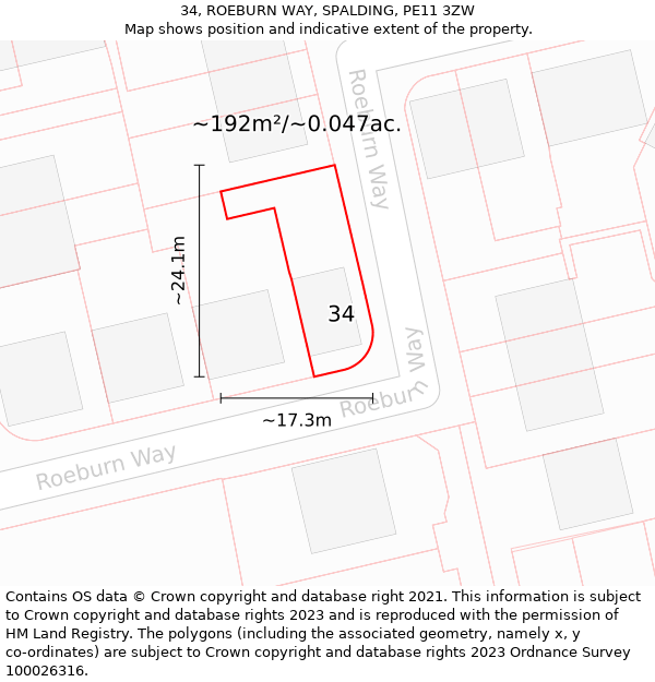 34, ROEBURN WAY, SPALDING, PE11 3ZW: Plot and title map