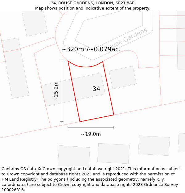 34, ROUSE GARDENS, LONDON, SE21 8AF: Plot and title map