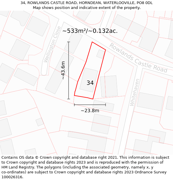 34, ROWLANDS CASTLE ROAD, HORNDEAN, WATERLOOVILLE, PO8 0DL: Plot and title map