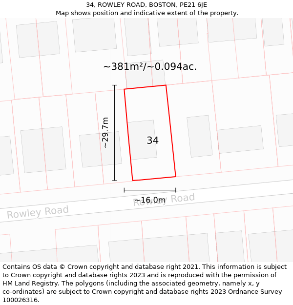 34, ROWLEY ROAD, BOSTON, PE21 6JE: Plot and title map