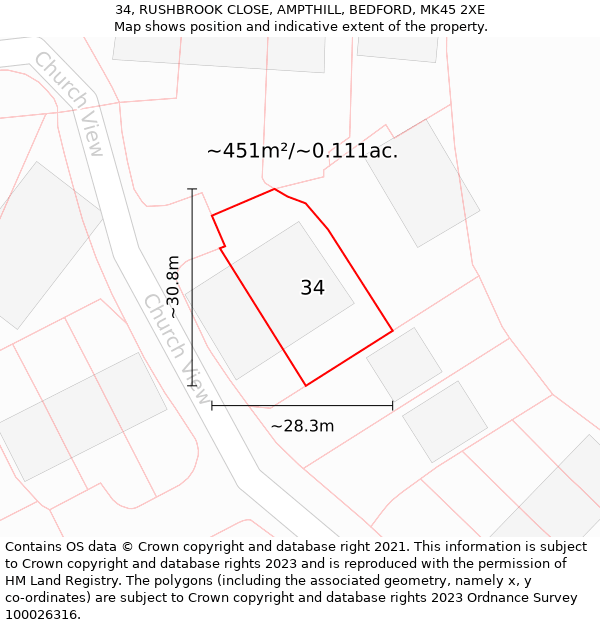 34, RUSHBROOK CLOSE, AMPTHILL, BEDFORD, MK45 2XE: Plot and title map