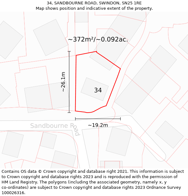 34, SANDBOURNE ROAD, SWINDON, SN25 1RE: Plot and title map