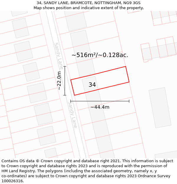 34, SANDY LANE, BRAMCOTE, NOTTINGHAM, NG9 3GS: Plot and title map