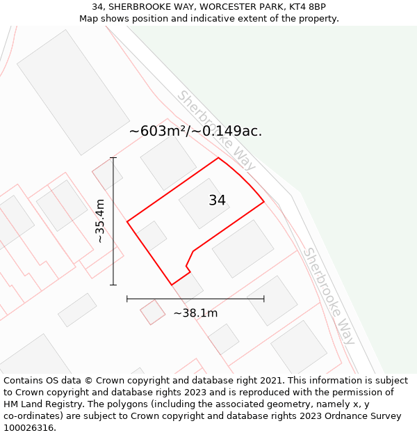 34, SHERBROOKE WAY, WORCESTER PARK, KT4 8BP: Plot and title map