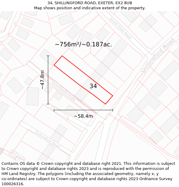 34, SHILLINGFORD ROAD, EXETER, EX2 8UB: Plot and title map