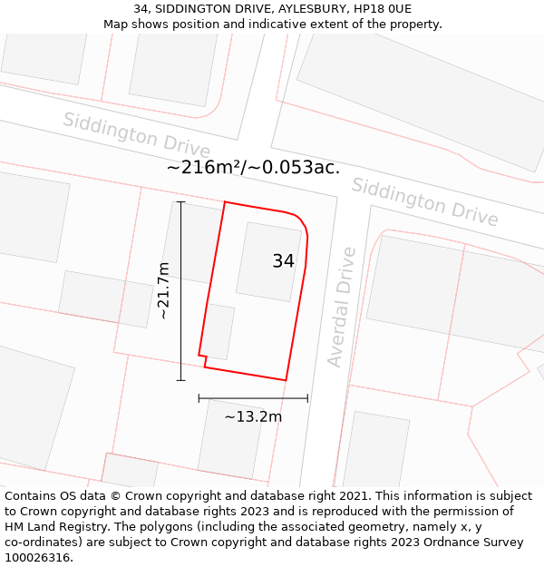 34, SIDDINGTON DRIVE, AYLESBURY, HP18 0UE: Plot and title map