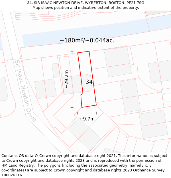 34, SIR ISAAC NEWTON DRIVE, WYBERTON, BOSTON, PE21 7SG: Plot and title map